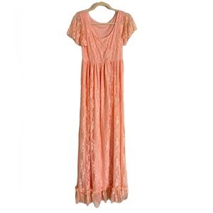 Women’s Boutique Pink Coquette Sz Medium Maxi Dress Flutter Sleeve Cottage Lace